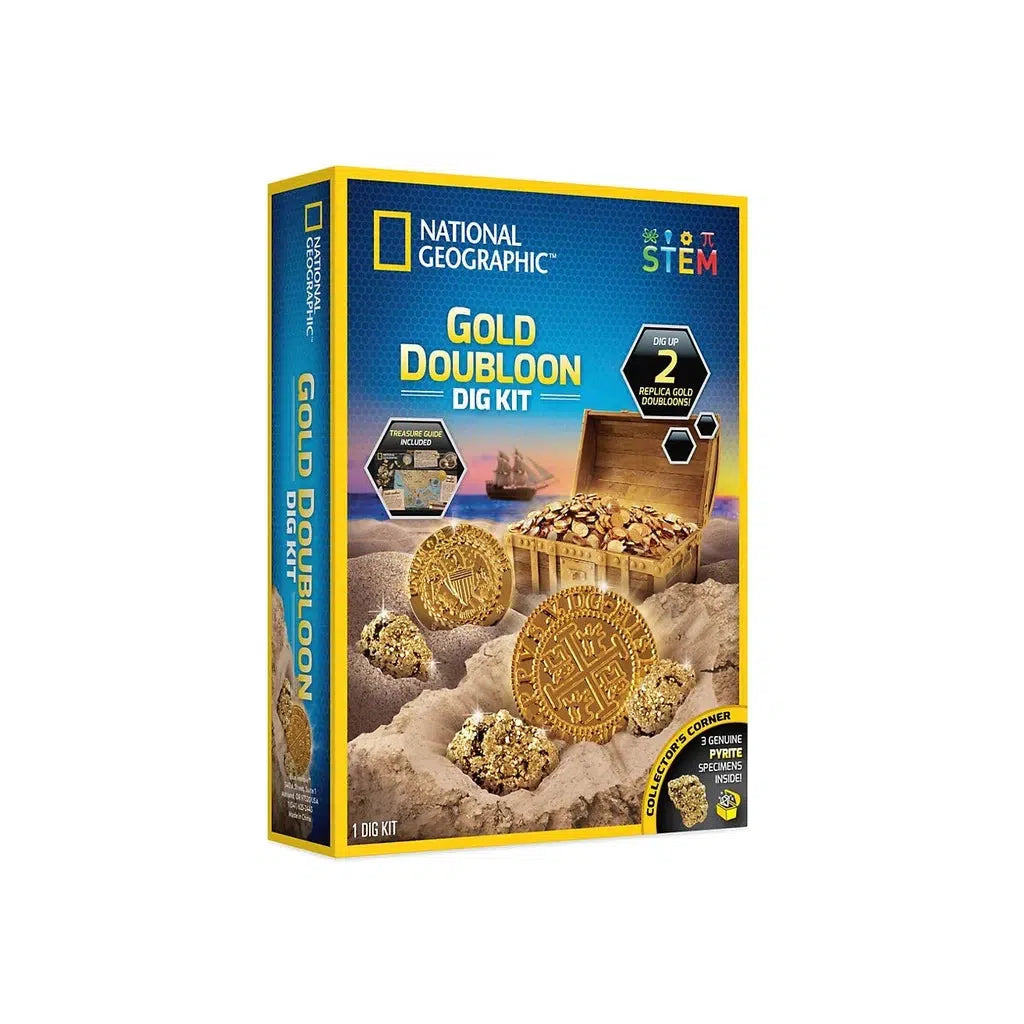 image shows the box for the gold dobloon dig kit, some golld doubloons are hidden in the sand with a sign saying "dig up 2 replica gold doubloons"