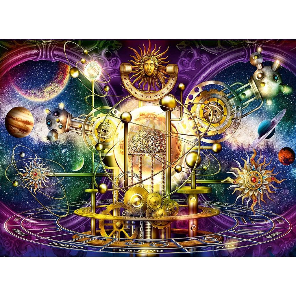 Puzzle Image | The first mechanical model of our solar system stands in gold metal at the center of the illustrations | A chart of the astrological signs wraps around the base of the machine | To the R & L, illustration of galaxy, stars, and planets.