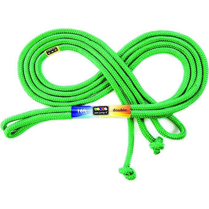 16 foot long neon green double-dutch jump rope. Has knotted handles and braided rope.