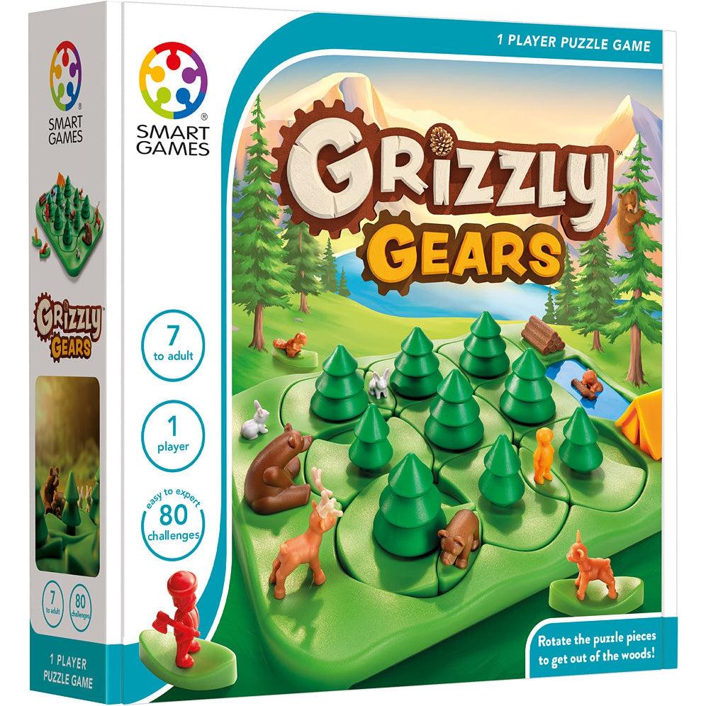 Game box | Front of box has title in wood textured letters. Image on box is of game board with a mountain scene behind it. | Age, players, and challenges as listed in description are shown as well.