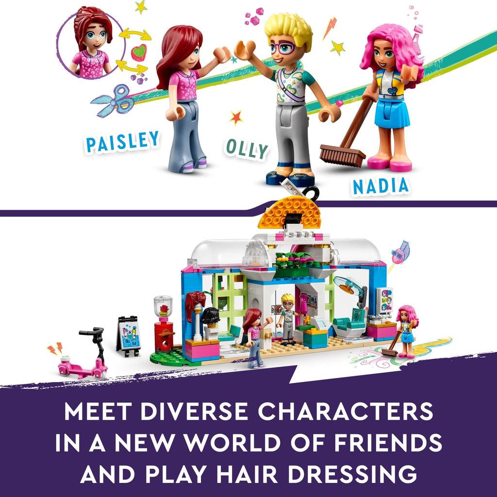 Top image shows the three characters, one (brunet girl) has two hairstyles shown, with olly (blond boy) in the middle, and nadia (pink haired girl) on the right | bottom image shows back of salon which is open to allow children to reach inside | Image reads: Meet diverse characters in a new world of friends and play hair dressing