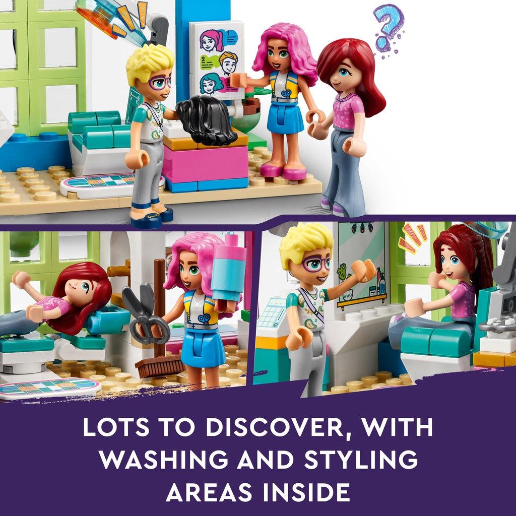 Top image shows the three characters around a wig on a table | bottom left shows paisley in barber chair | bottom right shows paisley with alternate hair on in the chair | Image reads: lots to discover, with washing and styling areas inside.
