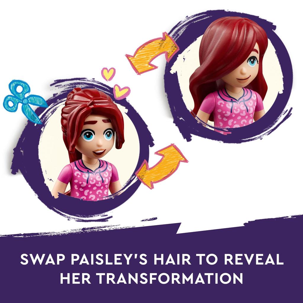 Image shows paisley with both hair options, one is long and covers half of the face, other is pulled back into a pony tail and has bangs. | image reads: swap paisleys hair to reveal her transformation.