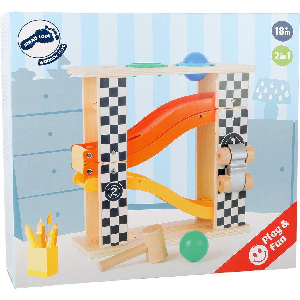 Image of the packaging for the Hammering Marble Run Rally 2n1 toy. On the front is a picture of the toy.