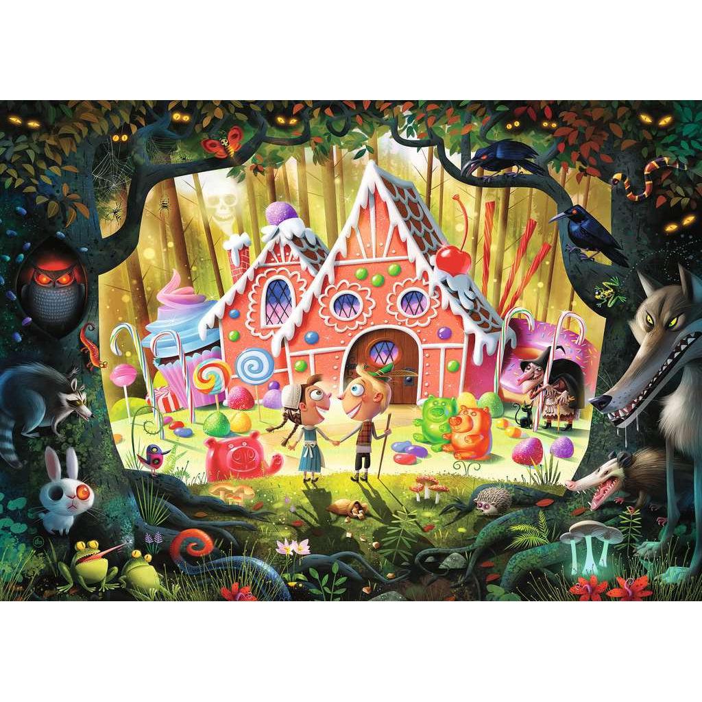 Full picture of the puzzle image depicting hansel and grettle standing outside of the witches candy house | Woodland animals Hide behind the trees.