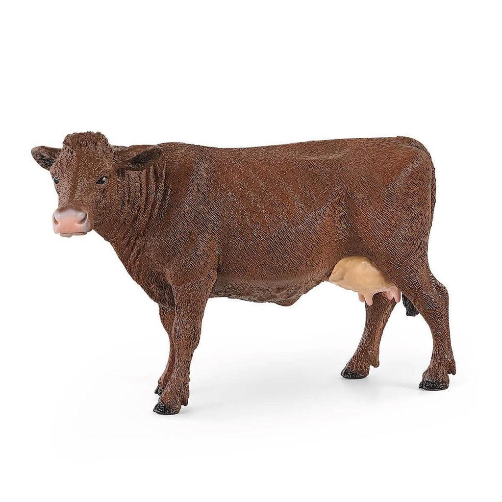 Up close view of the mother cow. It is dark brown, but the nose and the udder is a tan color.