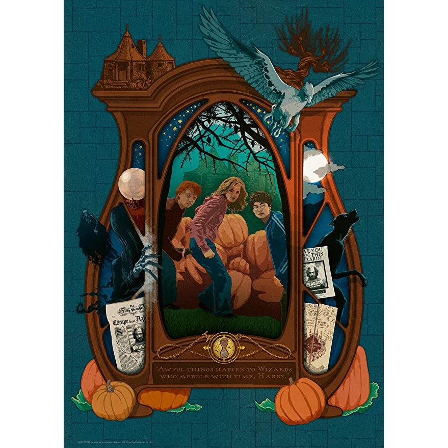 Image of puzzle | Stylized image of Harry, Ron, and Hermione peeking through a wooden frame with a quote at the bottom. | Surrounded by teal brick background, pumpkins, newspapers, and a dementor.