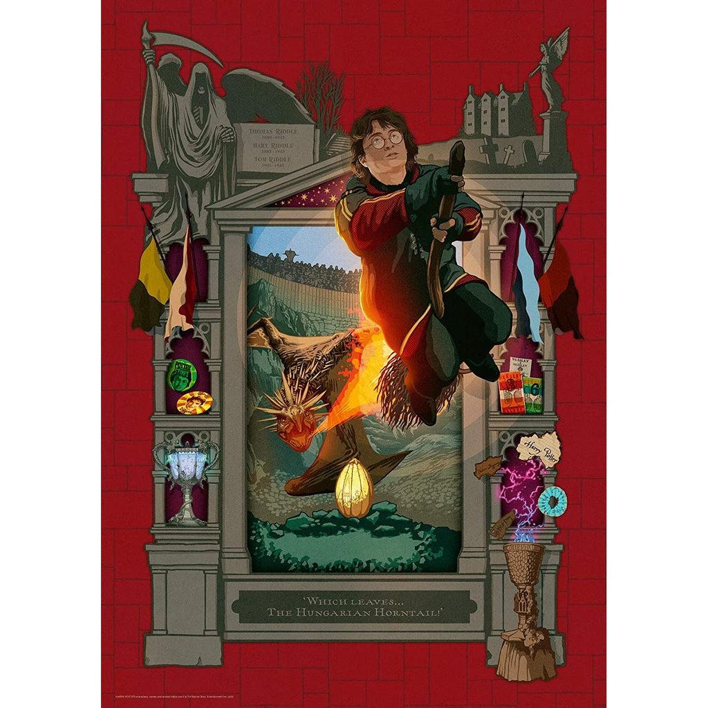 Puzzle image | Harry flies through a window shaped opening with a dragon blowing flames at him from behind. | Around the opening are significant items from the 4th Harry Potter movie. | Opening is set in a red brick style background. 