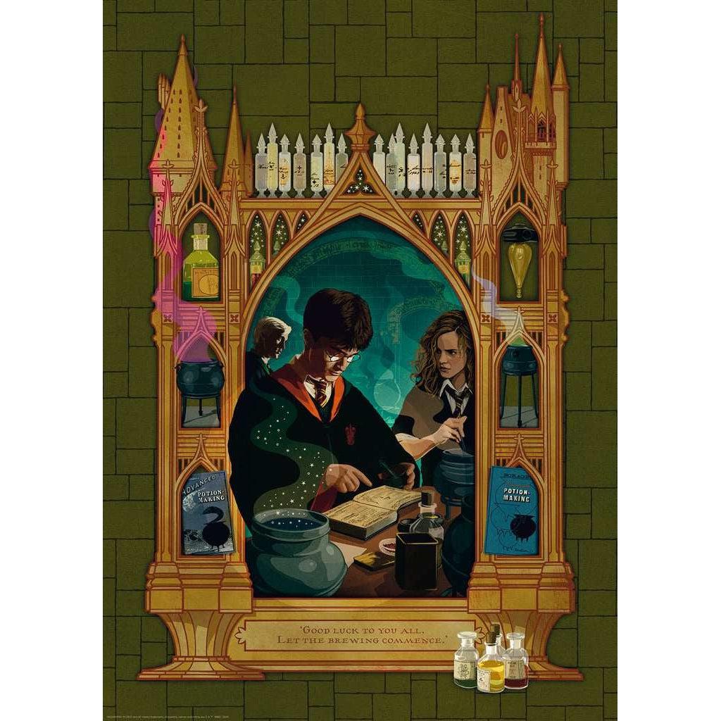 Puzzle image | Brown window like opening with building-esque details against a green brick background | In the opening an illustration of Harry Potter and Hermione brewing a potion. Outside the window are significant items from the 6th Harry Potter Movie.