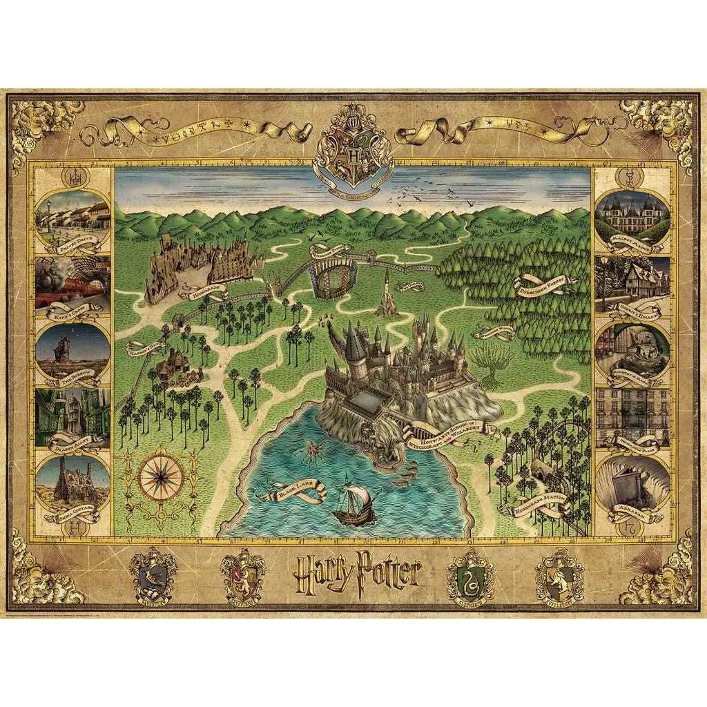 Puzzle image | Map is antique looking with mainly brown tones and the different houses crests in the border. | The center image is an illustrated map of Hogwarts and it's surrounding grounds. | In borders to the R & L of the main map there are small illustrations of other prominent locations from the Harry Potter series.