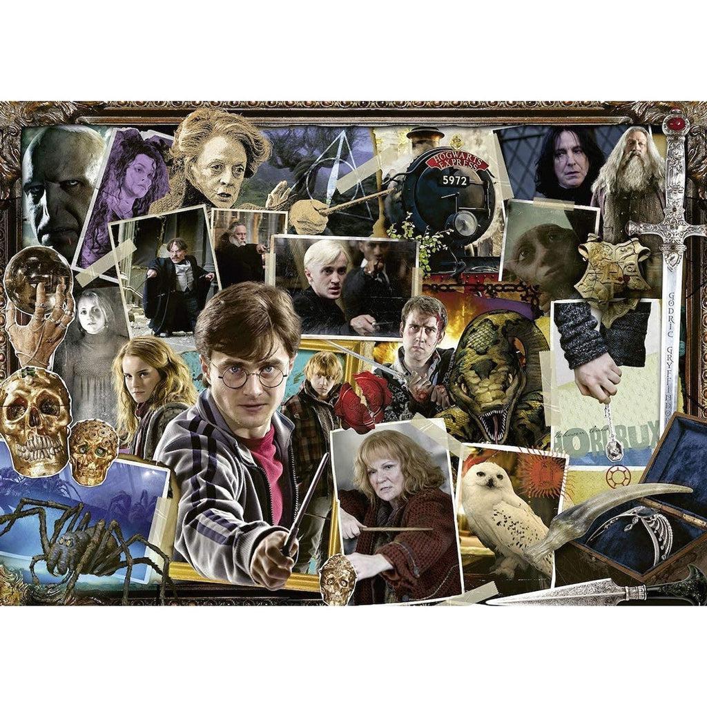 Puzzle image | Puzzle appears to be smewhat framed with an antique frame. | Image inside frame is a collage of photos of characters, items, and creatures from the Harry Potter movies. | Notable features include Harry, Sedgewick, the Hogwarts Express, snake, and more.