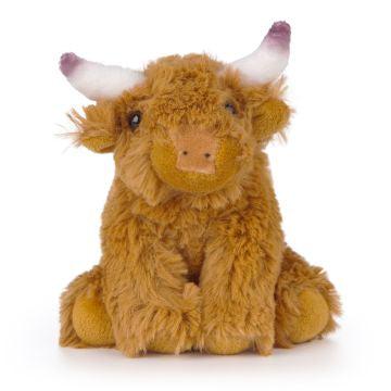 Image of the Highland Cow Smols plush. It is a ginger fluffy cow. It has white horns with purple tips.