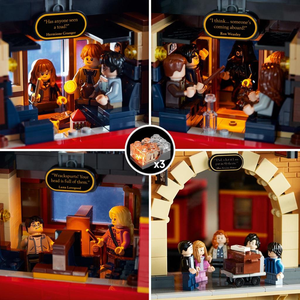 4 images show various characters in different parts of the train. Each scene has a quote from the books printed on a lego block and hanging above the scene in places meant for the plaques. A light up brick is shown in the middle with a x3 since there are 3 in the set