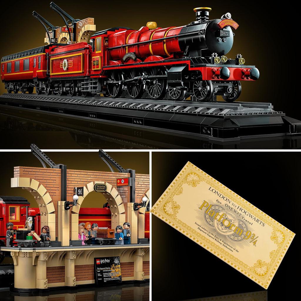 top image shows the train from the front right corner | bottom left shows the loading platform with various minifigures on it | bottom right shows a paper ticket for the train.