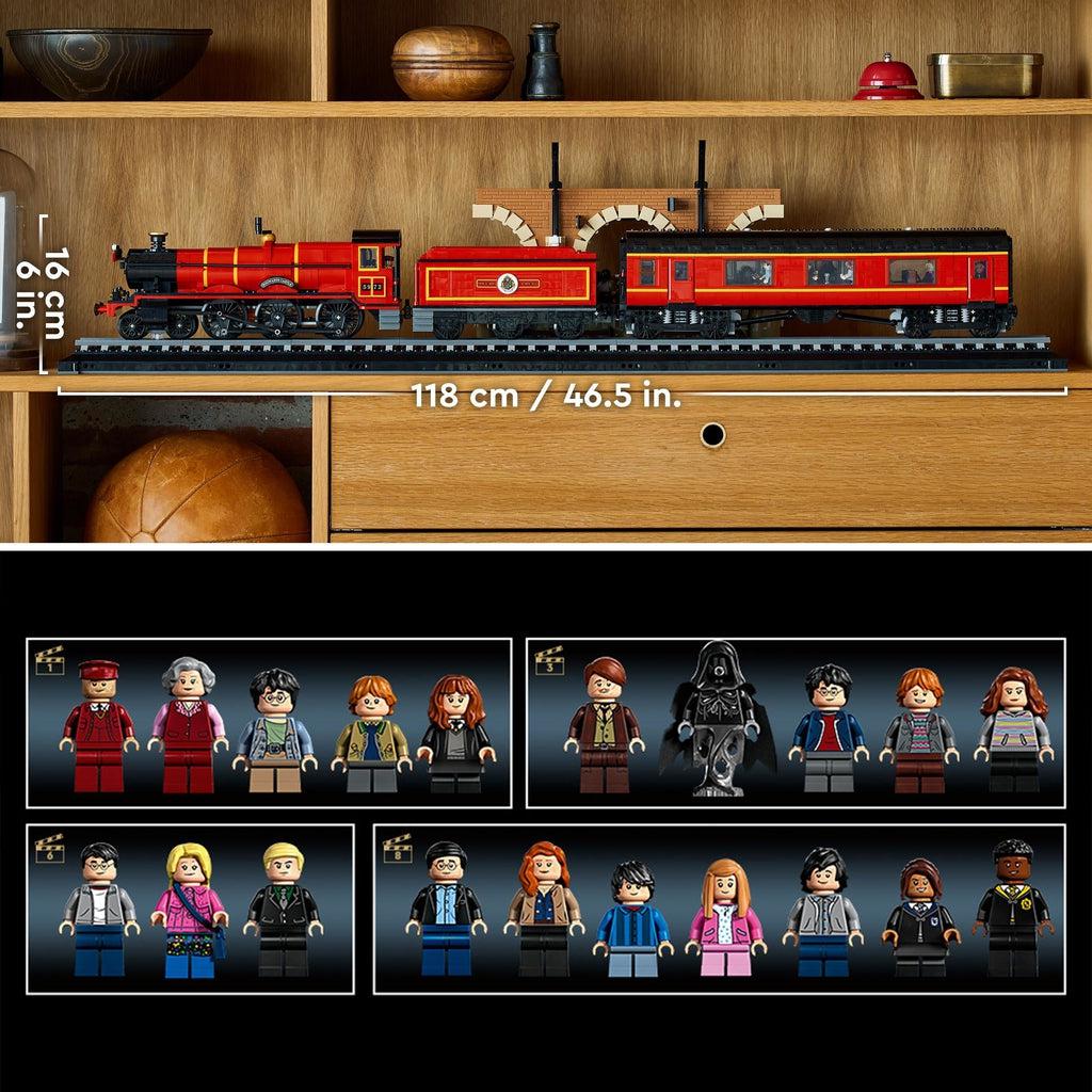 top image shows the train displayed on a shelf | train length is shown as 46.5 in and 6 in tall | bottom image shows all the minifigures included detailed in the product description.