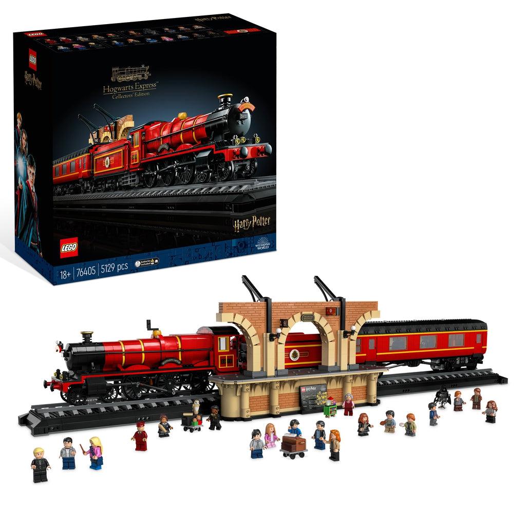 The lego set and all the included minifigures are shown in front of the box. The set is the hogwarts express, a red train with black roofing and a black engine tip. There is also a section of the loading platform along the left side of the train