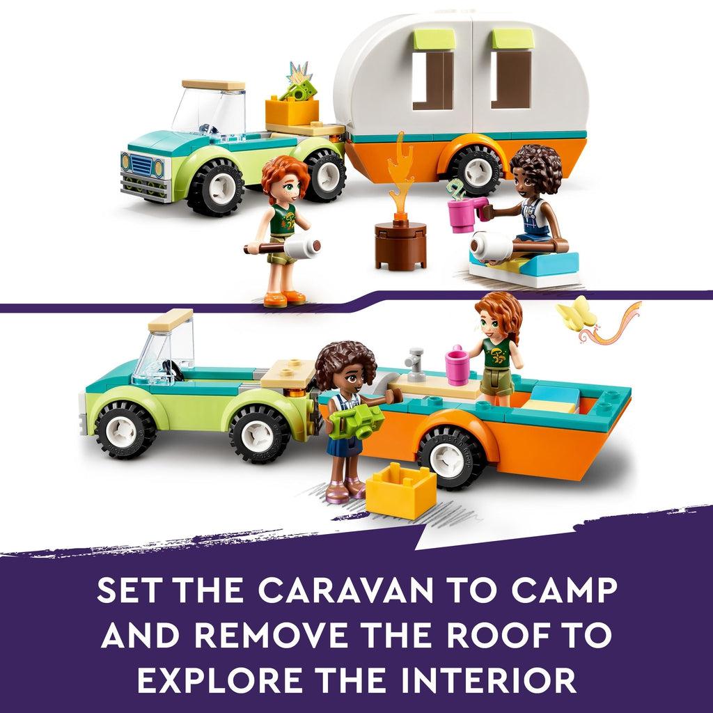 Top image shows the same layout of the set as the first image with the box | bottom image shows autumn standing in the trailer with the top of it removed and aliya standing to the side of the trailer | image reads: Set the caravan to camp and remove the roof to explore the interior