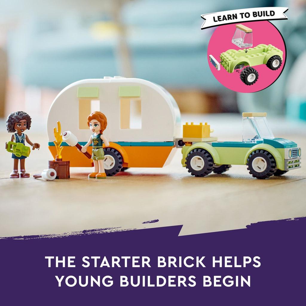 Image shows the full playset on a table | graphic of the truck being put together in top right reads: learn to build | bottom of image reads: The starter brick helps young builders begin.