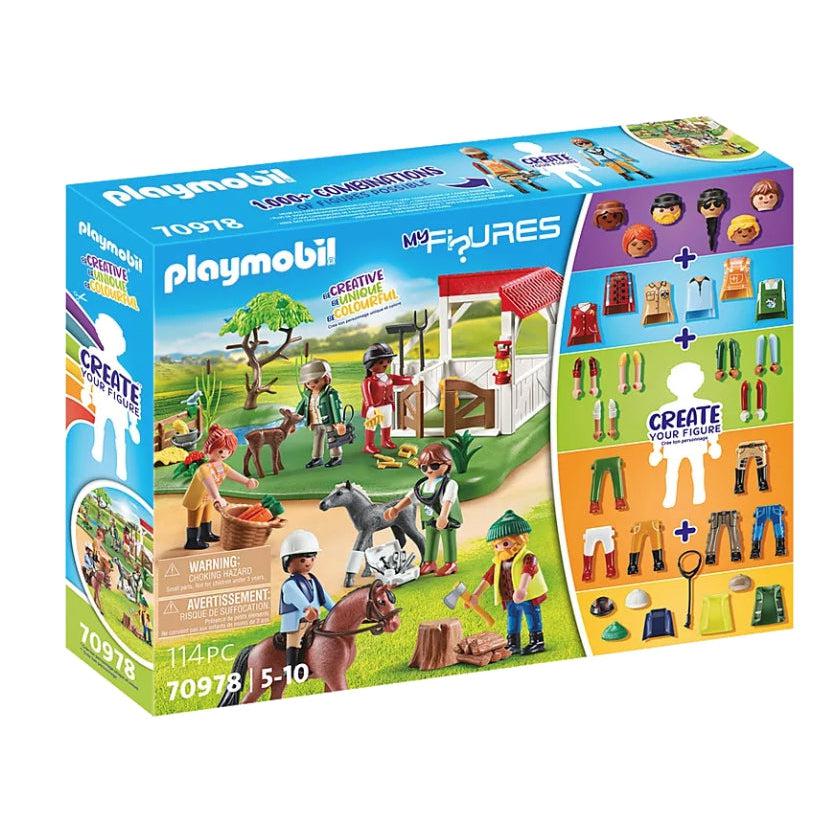 The cover of the box shows the full playset on the left and has the "create your figure" playmobile image on the right displaying all the various combinations of heads, arms, clothes, legs, and accessories that can be made with the included figures