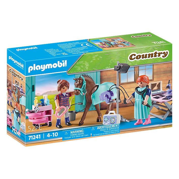 The cover of the box shows two female playmobil figures checking up a horse with veterinarian equipment