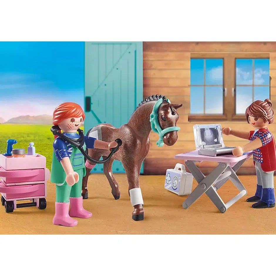 one figure uses a stethoscope on the horse while the other looks at xrays on a toy computer, the horse has one leg bandage and a square bandage on its rear