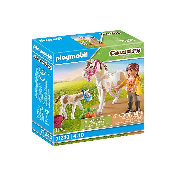 The cover of the box shows a female playmobil figure leading an adult horse figure up to a baby horse figure