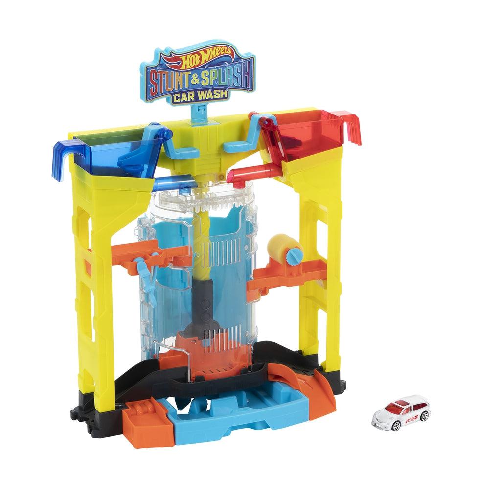 Image of the car wash outside of the packaging. It has a yellow frame with a blue and a red side. There is an elevator in the middle to move the cars through the car wash. There are different stations that clean the car in different ways. Set includes a white color-changing car.