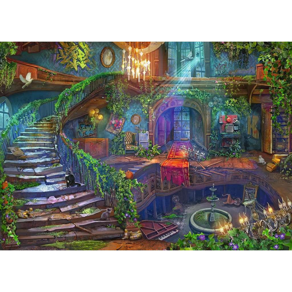 Puzzle image | View of a large abandoned antique hotel lobby | A large staircase sweeps up the left side of the illustration and a large hole in the floor shows a basement with a broken piano and fountain | Antique furniture, art, and interior fixtures are present throughout the image | Graffiti covers the walls, and the railings and ceiling molding have been overgrown with flowering ivy.