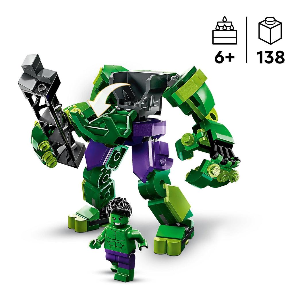 The hulk minifigure is standing in front of the mech, the mechs cockpit is flipped open to allow access | piece count of 138 and age of 6+ shown in top right
