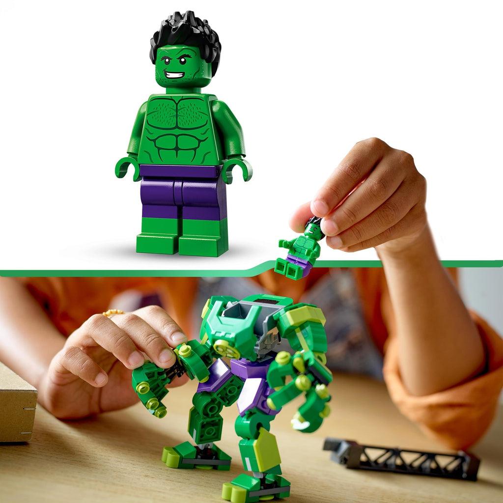 top image: hulk minifigure on a white background, he's shirtless with purple shorts and spiky short black hair | bottom image: a child is placing the hulk minifigure in the mech