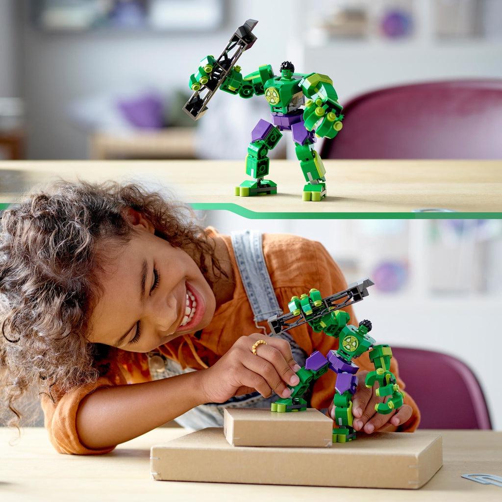 top image: hulk in the mech suit is displayed on a table | bottom image: a child is playing with the lego set