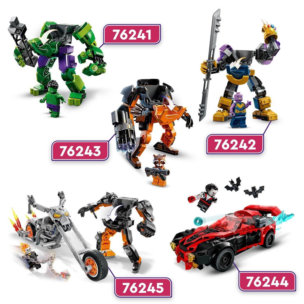 this and 4 other sets (76242, 7643, 7644, 76245; each sold separately) from the lego marvel vehicles and mechs line are shown