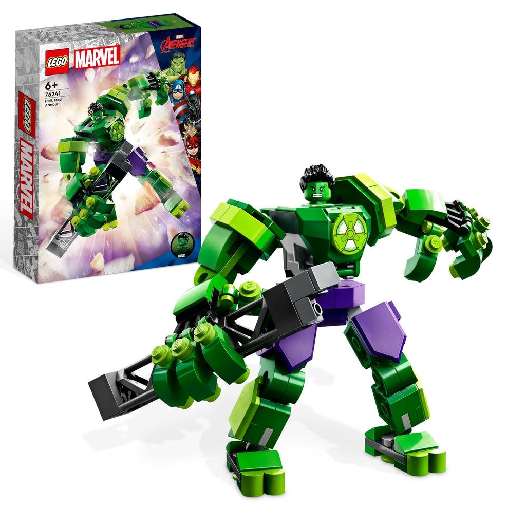 The hulk minifigure inside the hulk mech is shown in front of its box | the mech is holding a steel beam and has purple plates around the midsection to imitate hulks signature purple pants