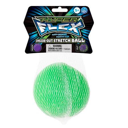 The Hyper Flex ball comes packaged in a mesh pocket closed by a cardboard top. The top reads: Hyper flex inside out stretch ball