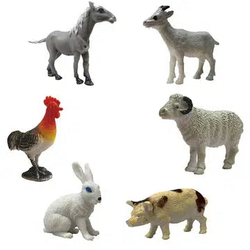 Set 1 of possible figurines | Gray horse, goat, rooster, sheep, white rabbit, pig with mud spots.