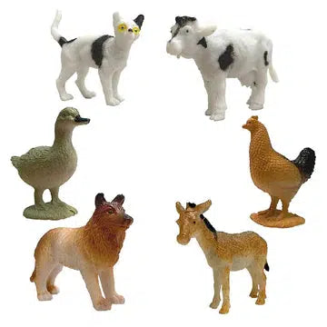 Set 2 of possible figurines | White and black cat, white and black cow, brown duck, hen, brown dog, brown donkey.
