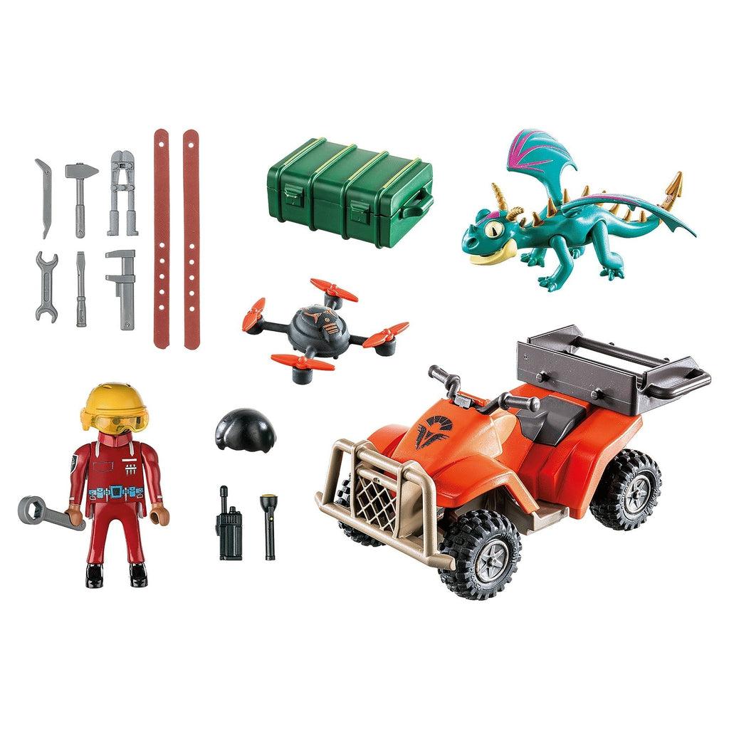Image of all the included pieces in the set. It includes, the mechanic with a helmet, the orange quad, a small blue dragon, a small drone, a carrying case, and various different mechanic tools.