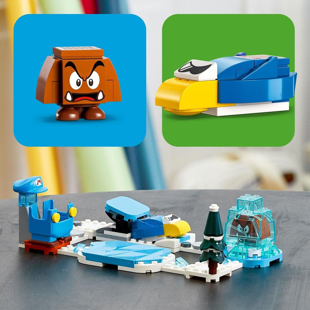 the goomba figure and cooligan figures are shown above a picture of the whole lego set sitting on a table