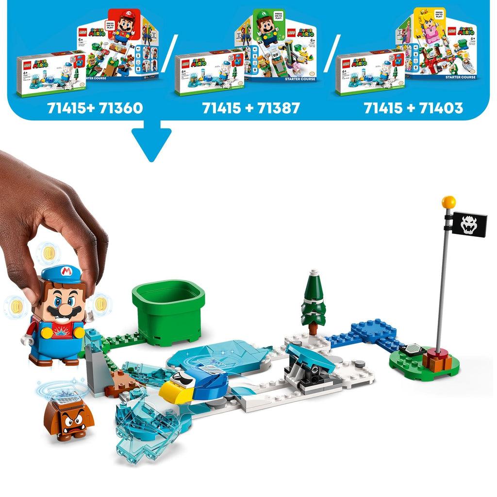 graphic at the top shows this set can be combined with any of the lego super mario starter sets (the mario, luigi, or peach set; sold separately) to unlock the interactive elements with the hero figures