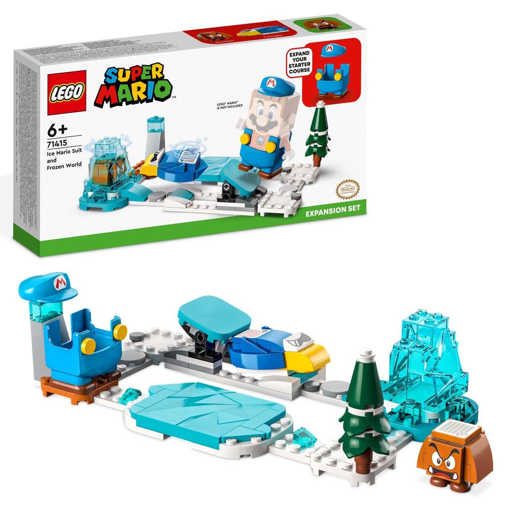 The lego set is displayed in front of its box | There is a cooligan (penguin with silver glasses), a goomba, an ice suit for maria, and a snow and ice themed course loop