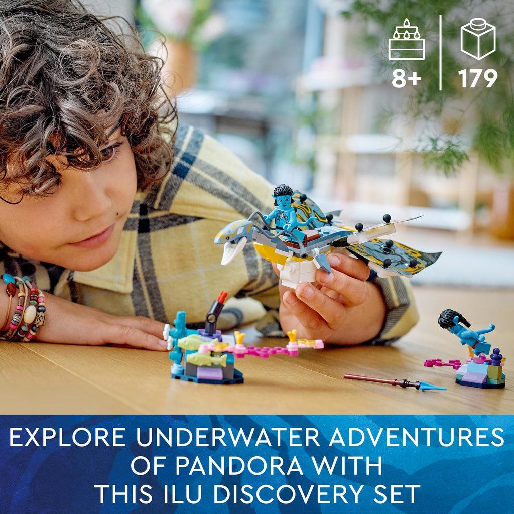 a child is playing with the lego set on a floor | piece count of 179 and age of 8+ in top right | Image reads: Explore underwater adventures of pandora with this Ilu discovery set.