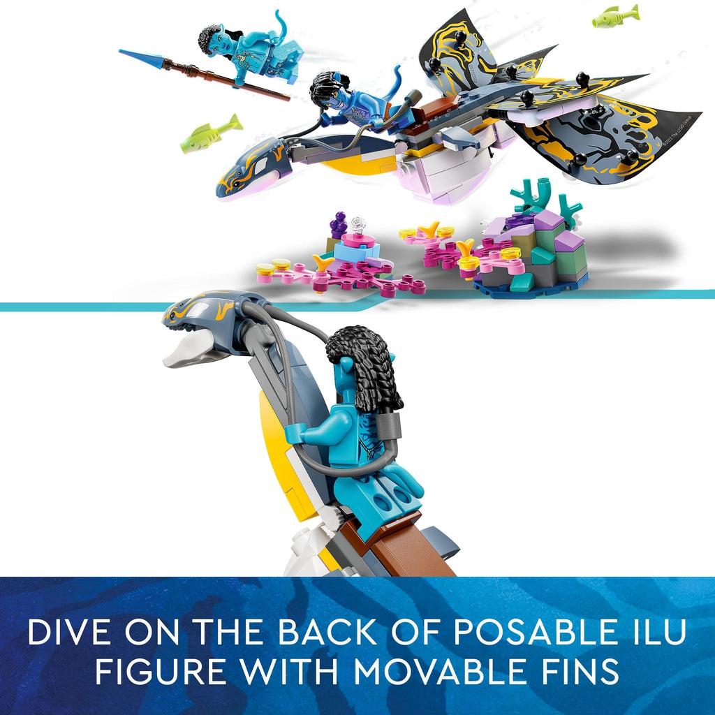 top image: one figure is riding the Ilu with the other figure "swimming" next to them | bottom image: close up showing the figure attaches to the Ilu with a saddle | image reads: Dive on the back of posable ilu figure with movable fins
