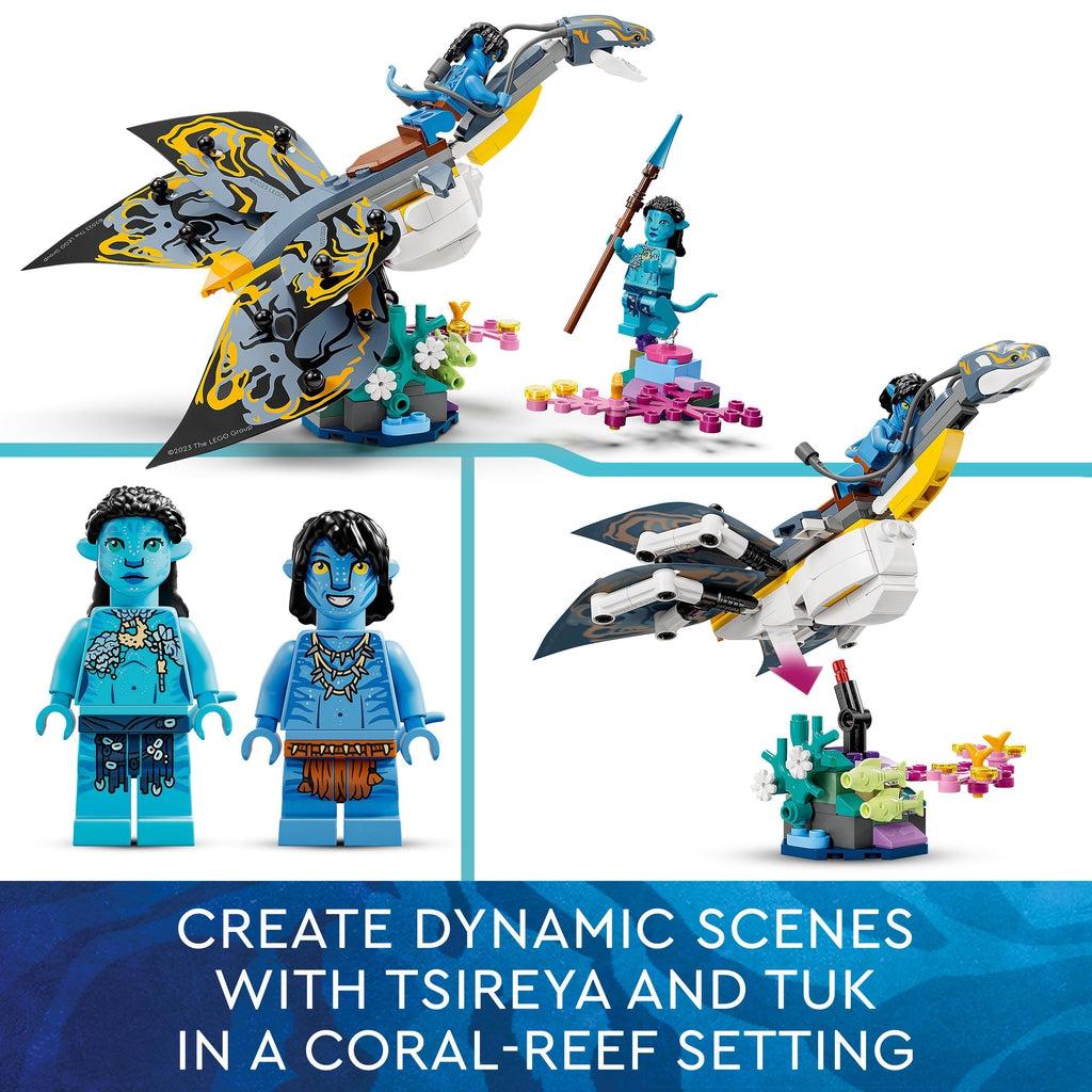 top image: The ilu and its rider are perched on one rock and the other figure on another rock | bottom left: the two lego navii minifigures are displayed | bottom right: The coral rock has a post the ilu can attach to | Image reads: create dynamic scenes with tsireya and tuk in a coral-reef setting