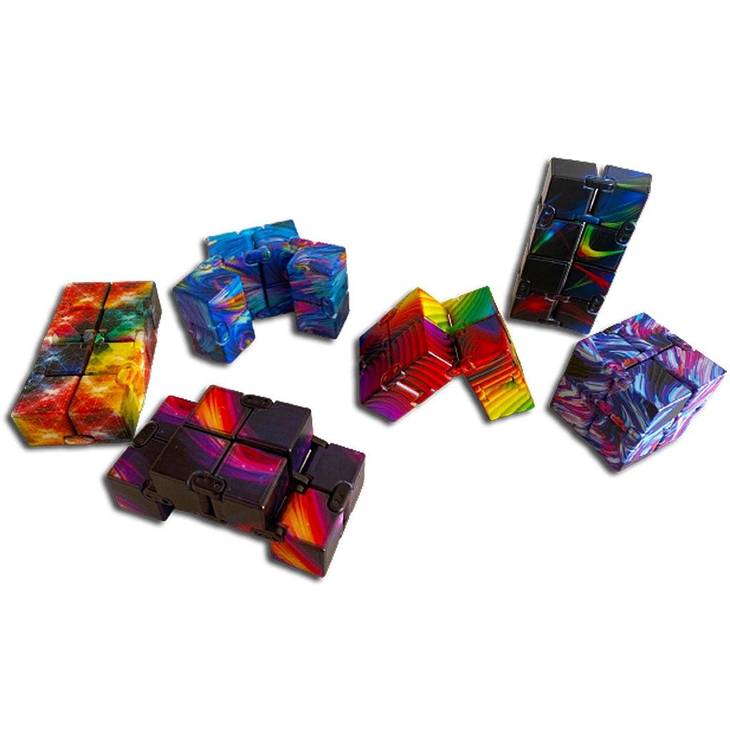Half of the possible variants are shown. patters are: black background with red and purple wind blown patterns, blue purple and black swirls, black with red yellow and green swooshes, a rainbow gradient with shading for a 3d texture look, sparkly looking red and yellow, and blue with purple and green swirled together.