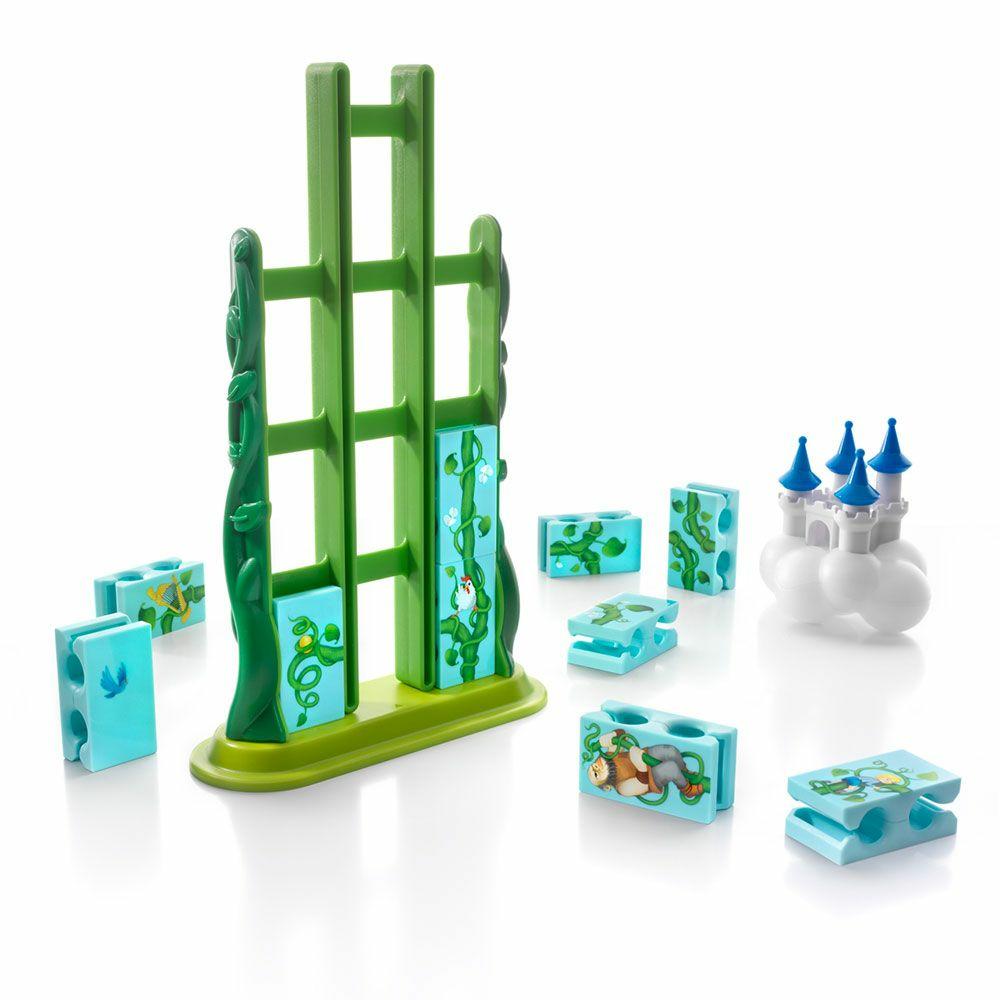 Image of the puzzle game pieces outside of the box. It comes with a bean stalk trellis that you can put beanstalk tiles on, and a castle on a cloud that can be placed on top.