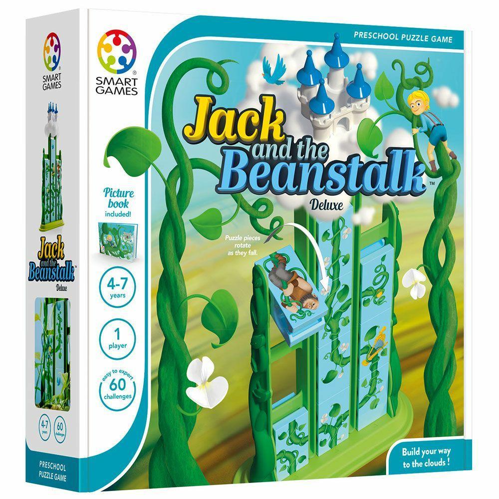 Image of the box for the game Jack and the Beanstalk. On the front is a picture of the game with a cartoon drawing of Jack climbing a beanstalk.