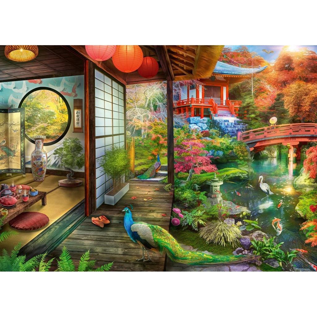Puzzle is a scene of a Japanese garden complete with with a tea house, a zen bridge, a traditional Japanese temple, and peacocks!