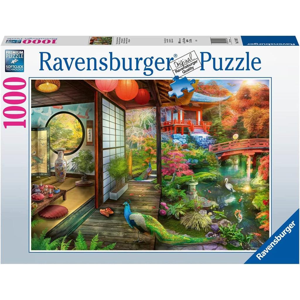 Image shows front of puzzle box. It has information such as brand name, Ravensburger, and piece count (1000pc). In the center is a picture of the finished puzzle. Puzzle described on next image.