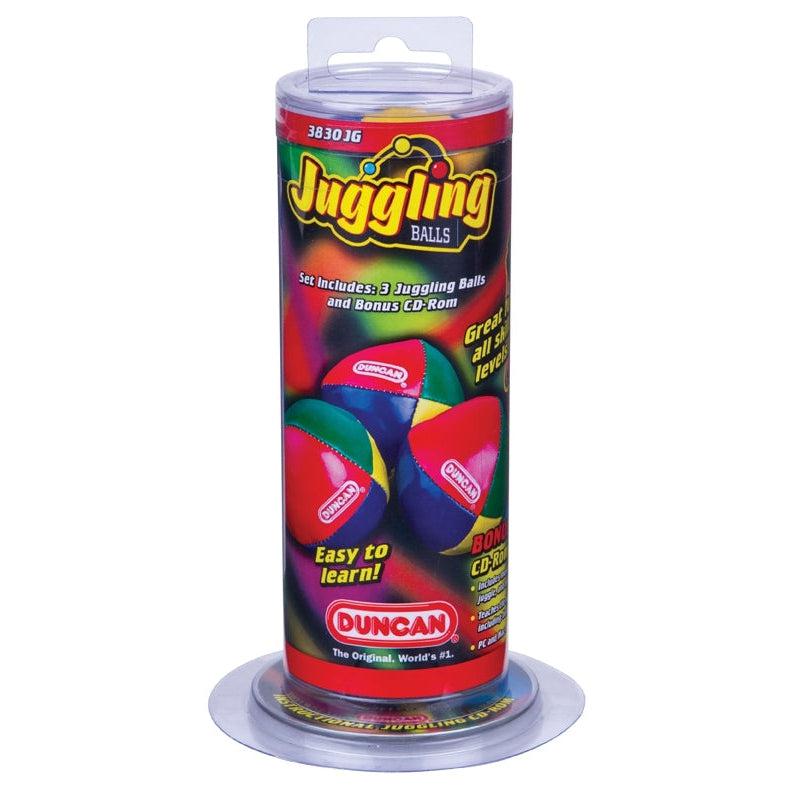 A tube with a wide base reads: Set includes 3 juggling balls and bounus cd. The graphics show 3 duncan branded jugling balls, each of which is made up of 4 segments of different colors, red, blue, yellow, and green.