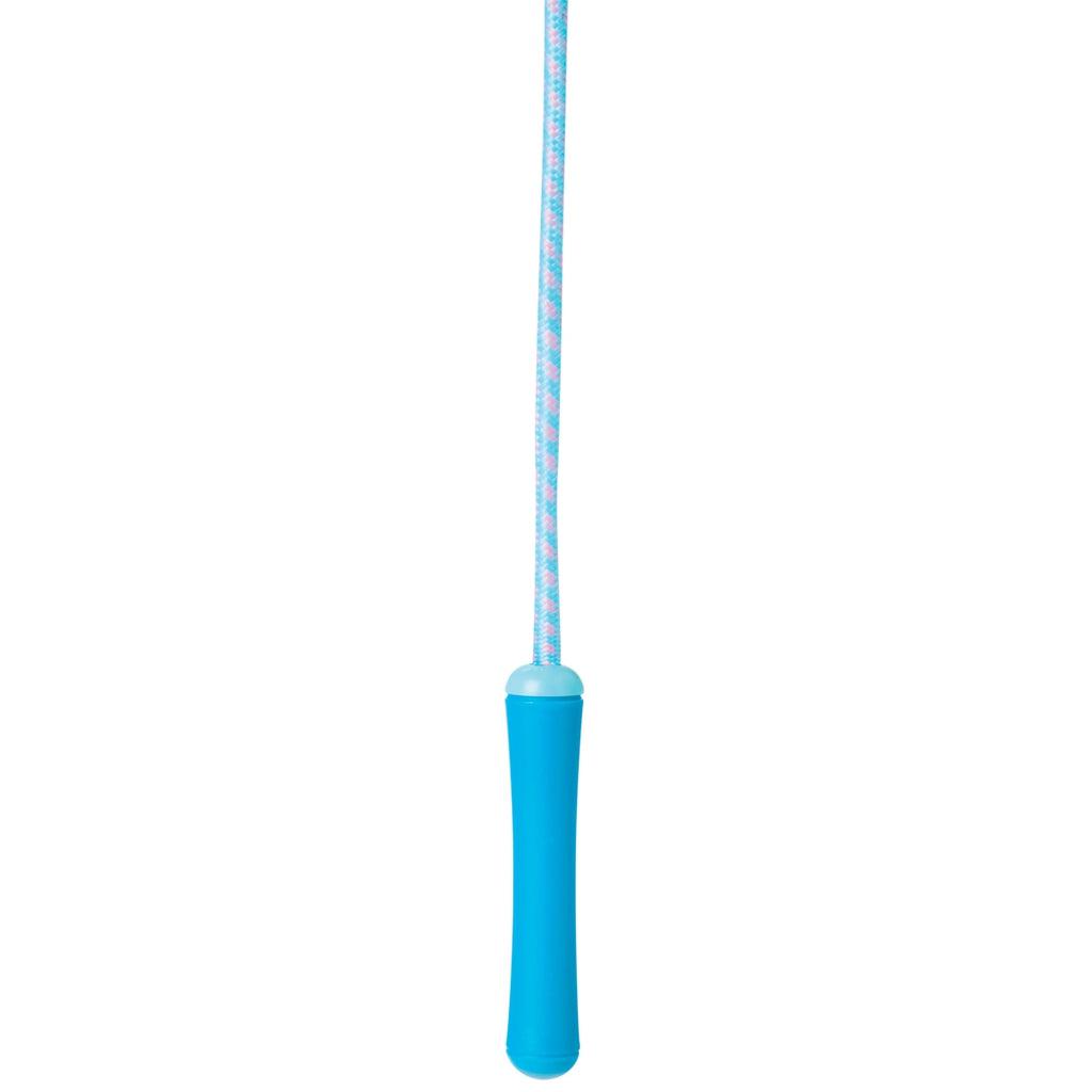 A blue variant of the jump rope with pink squares spaced out along it.